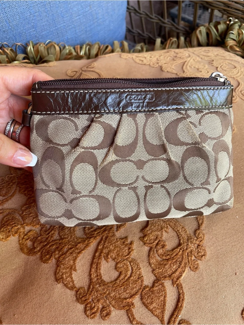 Coach Khaki and Brown Signature Canvas Wristlet